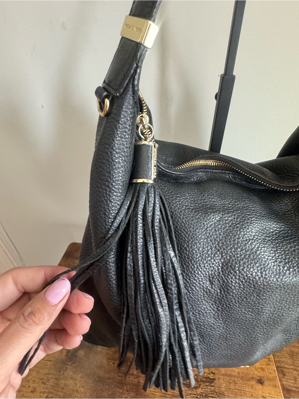 Michael Kors Black Leather Tassel Hobo Shoulder Bag - Picture 6 of 11